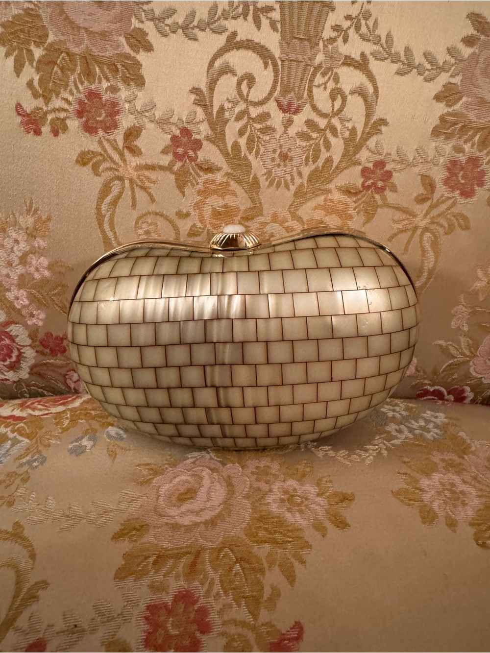 Vintage Mother Of Pearl Lucite Clutch Bag Evening Purse Gold Ivory - Picture 14 of 16